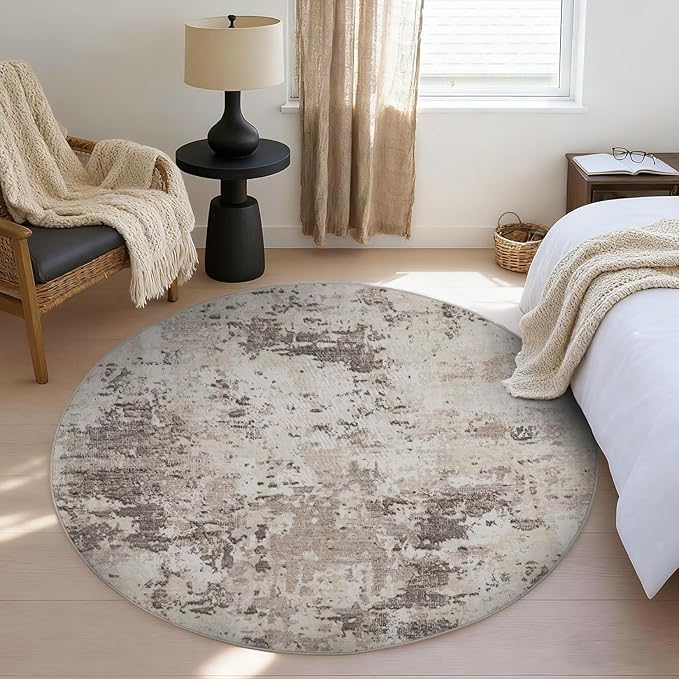 Modern Abstract 8x8 Round Area Rug Non Slip Non Shedding Rug Low Pile Stain Resistant for Bedroom Living Room Office Dining Room,Brown Grey