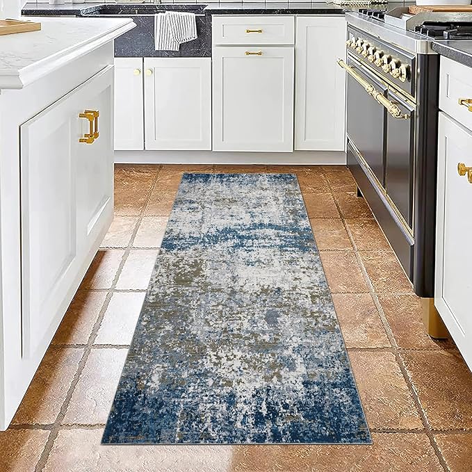 Modern Abstract 2x10 Runner Rug Non Slip Non Shedding Rug Low Pile Stain Resistant for Bedroom Hallway Kitchen,Navy