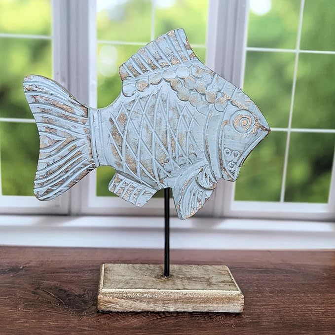 Farmhouse World Wooden Fish Sculpture Home Decor | Handmade Fish Statue on Base Stand Sea Nautical Beach House Decor Art Piece | Rustic Centerpiece Table Decor for Office, Living Room (Damsel Fish)