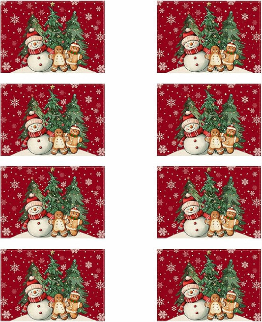 XCHI Winter Red Snowman Gingerbread Man Christmas Tree Xmas Placemats Set of 8 Table Mats for Party Home Kitchen Dining Table Decorations 12x18 Inch