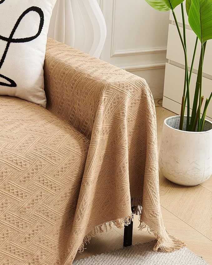 AIVIA Loveseat Cover Sheet Blanket, Woven Reversible Anti Slip Cushion Covers for 2 Seater Couches with Armrest, Love-Seat Furniture Decor Slipcovers Protector for Dogs Cats Pets (Khaki, 71” x 102”)