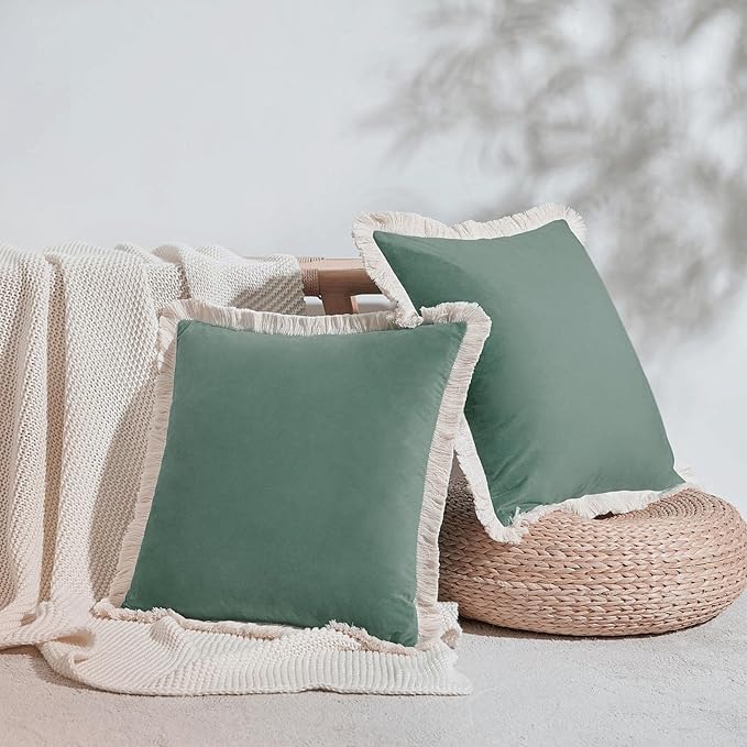MONDAY MOOSE Decorative Throw Pillow Covers Cushion Cases, Set of 2 Soft Velvet Modern Fringe Tassel Designs, Mix and Match for Home Decor, Pillow Inserts Not Included (Sea Green, 18x18 inch)