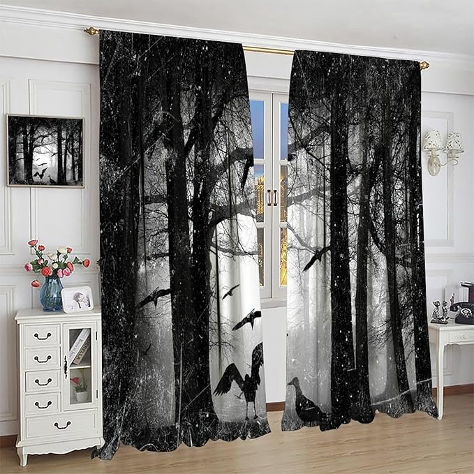 Gothic Forest Blackout Window Curtains, Halloween Style Foggy Forest Dead Trees Crow Print Curtains, for Bedroom Living Room 42(W)*84(L) 2 Panels