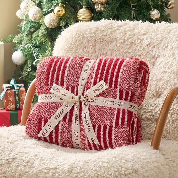 Snuggle Sac Red Checkered Christmas Throw Blanket,Super Soft Reversible Cozy Warm Blanket for Couch Sofa Bedroom,Cute Lightweight Striped Throws for Women,Heather Red,50x60 inches