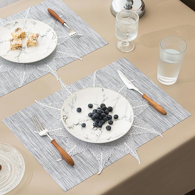 BACKTOEDEN Placemats Set of 6 Heat Resistant Washable Wipeable Placemat Woven Non-Slip Foldable Vinyl/Plastic Place Mats Indoor/Outdoor Mat Kitchen Dining Table Pad, Silver Maple Leaf & Gray
