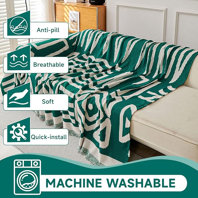 VClife Armchair Couch Cover, 1 Piece Boho Tribal Dark Green and White Geometric Jacquard Sofa Cover for 1 Cushion Couch Sofa, Soft Washable Chenille Chair Cover Slipcover for Living Room 71"X90"