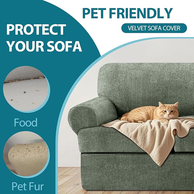 T Cushion Loveseat Slipcover 3 Pieces Sofa Covers for T Cushion Sofa Stretch Slip Covers for 2 Cushion Couch with 2 Individual T Shape Seat Covers (Green, 2 Cushion)