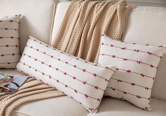 Caflife Boho Lumbar Throw Pillow Covers 14x36 inches Long, Farmhouse Decorative Body Pillow for Bed and Sofa, Living Room Home Decor Couch Rust Pillowcase, Pack of 1