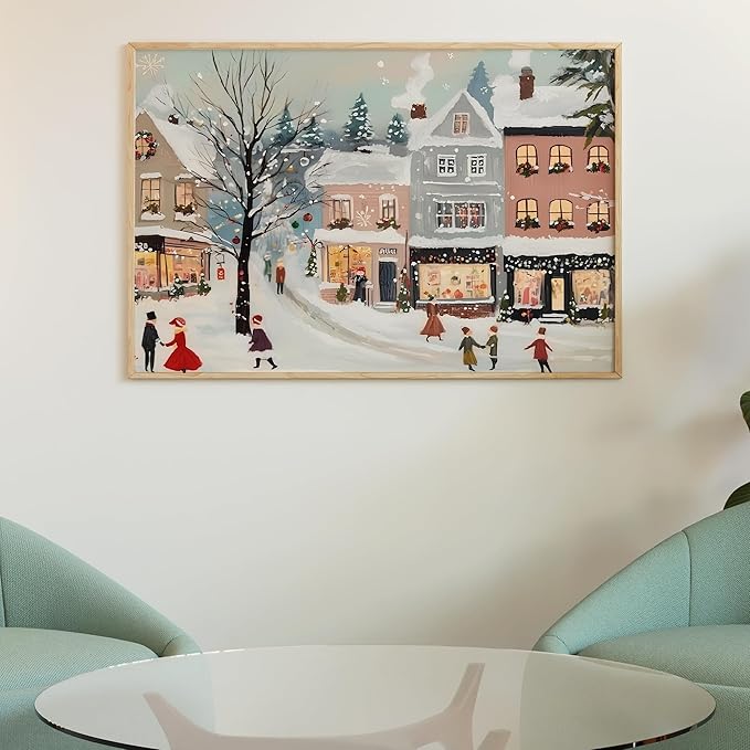 Vintage Christmas Village Art Print for Winter Home Decor, Snowy Holiday Town Scene Wall Art, Noel Design, Retro Seasonal Xmas Decoration, Cozy Winter Cottage Interior Artwork (Unframed) (27x40)