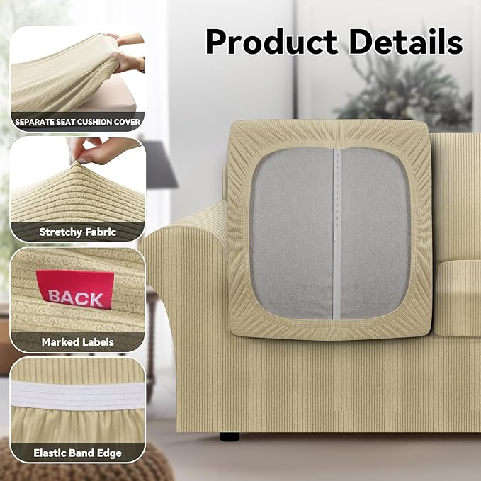 100% WaterproofCouch Cover 3-Piece Set Striped Sofa Slipcovers for 2 Cushion Couch Sofa Covers with TPU Leakproof Bottom Stretch Couch Protector Pet Proof - Sofa(2-Cushion), Camel