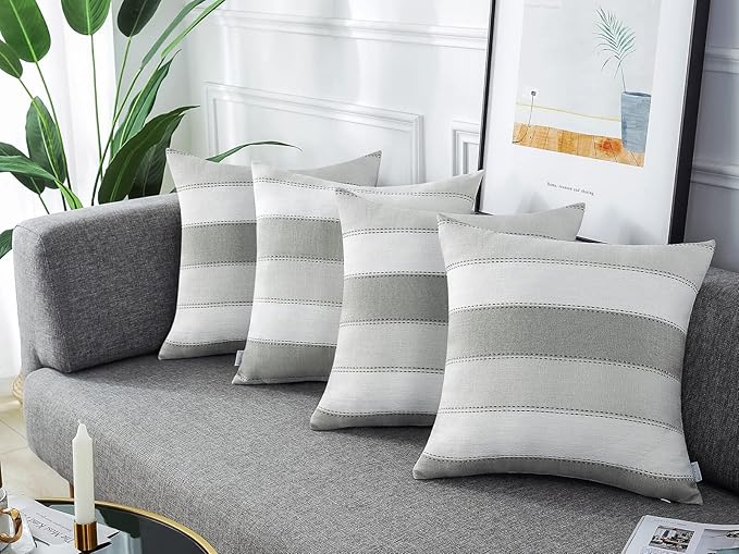 AmHoo Pack of 2 Farmhouse Stripe Check Throw Pillow Covers Set Case Cotton Linen Decorative Pillowcases Cushion Cover for Couch Bench Sofa 22x22Inch Light Grey Beige