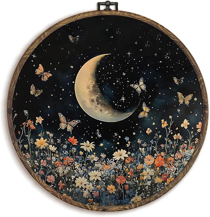 KFXHANGD Vintage Moon Floral Butterfly Round Wall Art Framed, Gothic Botanical Moon Canvas Wall Art Decor, Dark Cottagecore Wildflower Hanging Decor for Bedroom Living Room, 10x10inch