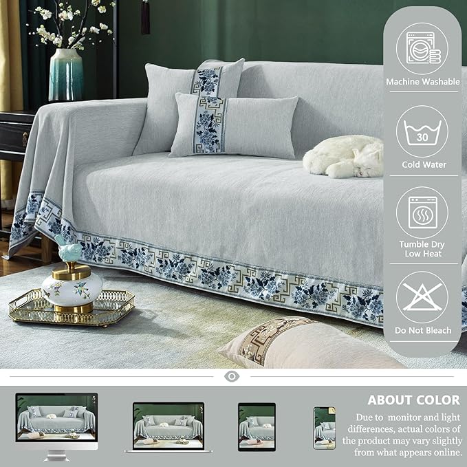 DREAMINGO Couch Protector Light Grey Sofa Covers for Dogs Solid Color Modern 3 Cushion Couch Covers for Sofa Pet Friendly Chenille Slipcovers for Sectional Washable, XX-Large 71"x150"