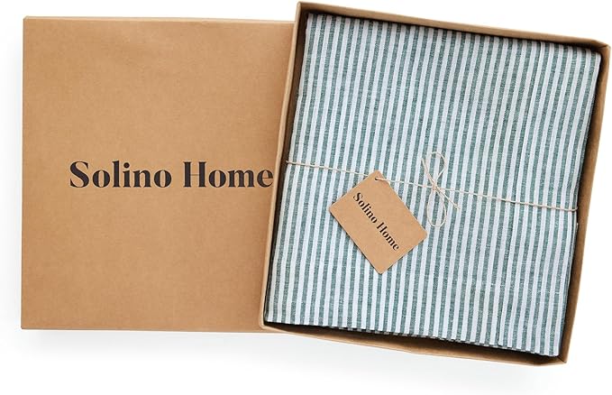 Solino Home Linen Tablecloth 60 x 144 Inch - Narrow Stripe 100% Pure Linen Rainforest and White Table Cloth for Rectangle Tables - Machine Washable Tablecloth for Christmas