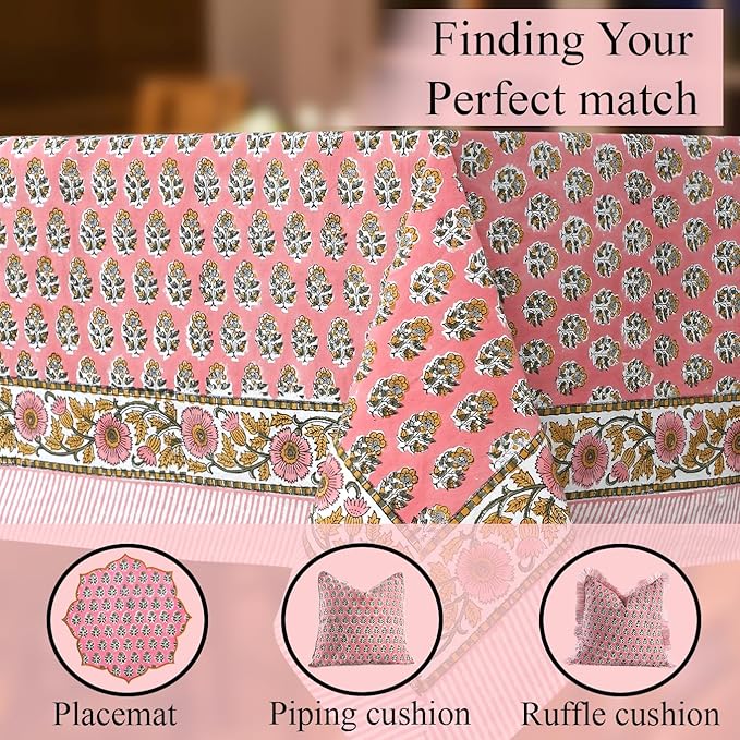 Cotton Print Club-100% Pure Cotton Tablecloth Table Cover - Indian Hand Block Printed Rectangle - for Wedding, Mothers Day Poppy Pink 160" x 72" (Rectangular)