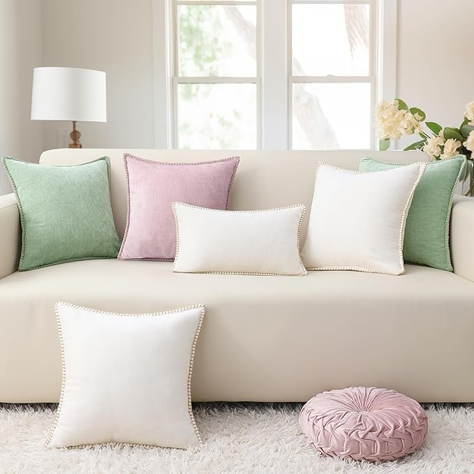 decorUhome Chenille Soft Throw Pillow Covers 12x20 Set of 2, Lumbar Velvet Farmhouse Neutral Decorative Euro Pillow Covers with Stitched Edge for Couch Sofa Bed Home Decor, Cream White