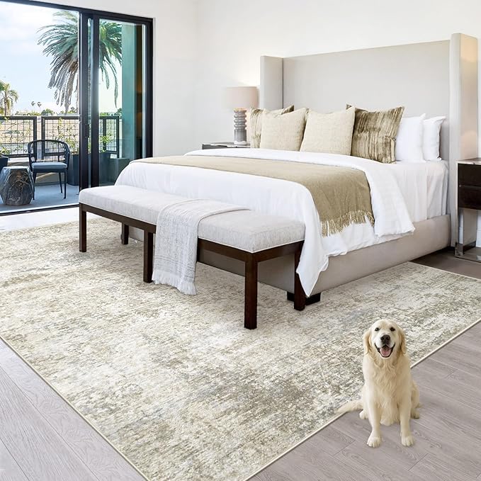 5x7 Washable Area Rug for Living Room: Modern Abstract Rugs Soft Non-Slip Low-Pile Indoor Floor Carpet for Bedroom, Dining Room, Nursery (BeigeBrownBlue, 5'x7')