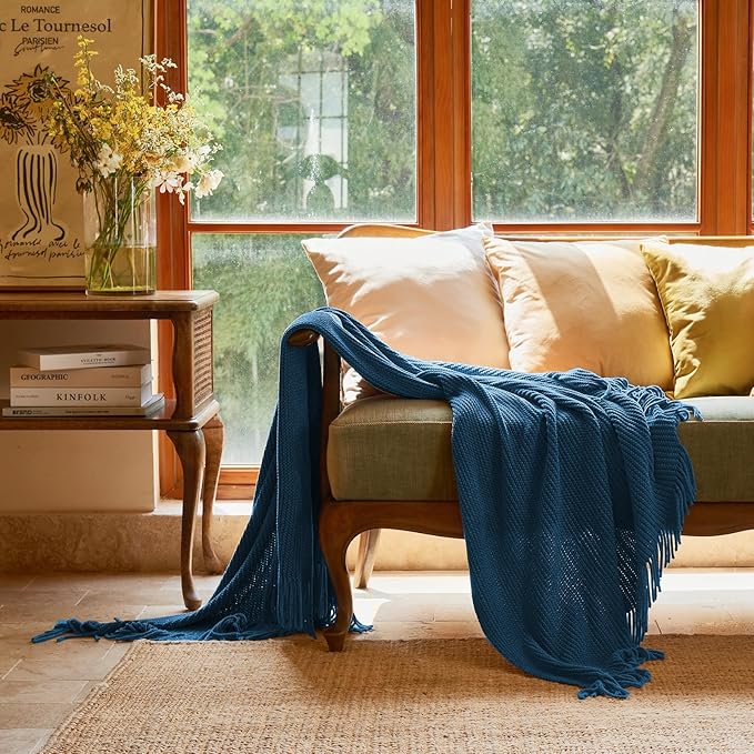 lifein Throw Blanket for Couch, Soft Boho Decor Bed Throw,Cozy Washed Blue Knitted Chenille Small Farmhouse Lightweight Throw (Washed Blue,50 * 60")