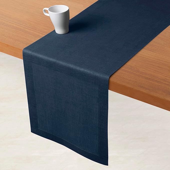 D'Moksha Homes Linen Navy Blue Table Runner 120 Inches Long - 100% Pure Linen Dining Table Runner 14 x 120 Inch for Fall, Thanksgiving, Holiday - Machine Washable