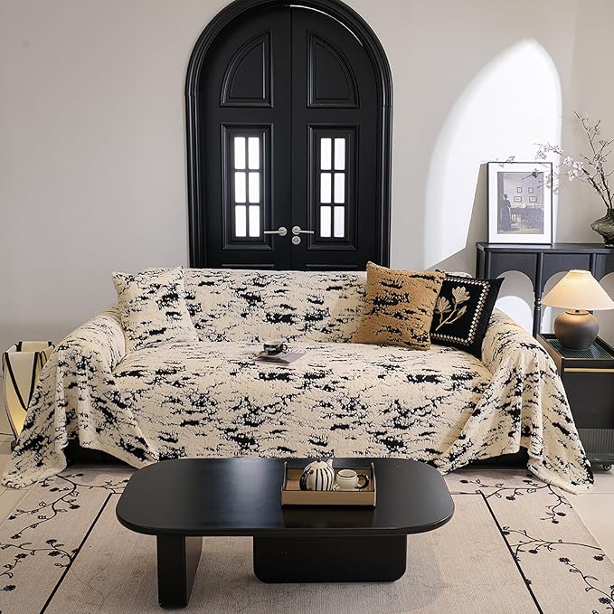 ROOMLIFE Striped Boho Black Couch Cover for 2-3 Cushion Sofa, Fuzzy Plush Warm Sofa Slipcovers Sectional Sofas Covers, Non Slip Washable Furniture Protector Soft with Tassel,Winter 71''X118”