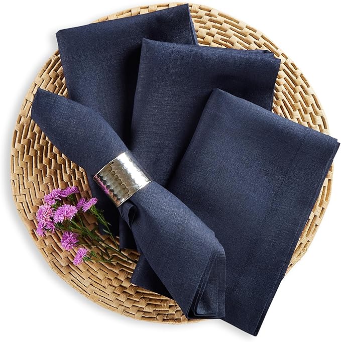 Solino Home Navy Blue Linen Napkins Set of 4 - 100% Pure Linen Dinner Napkins 20 x 20 Inch for Christmas, Holiday, Winter, New Year - Fete