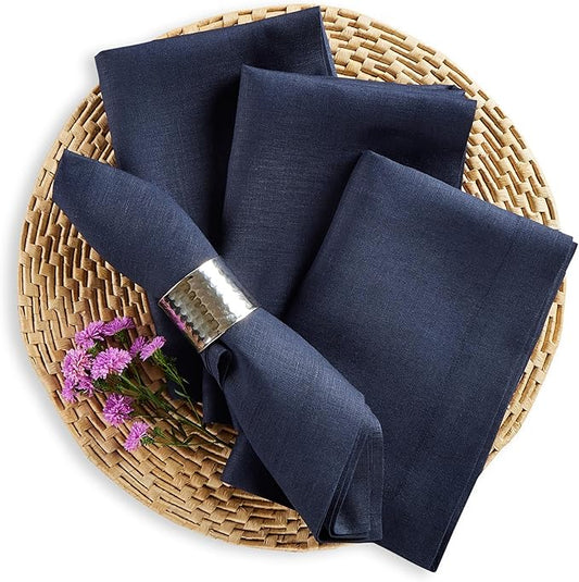 Solino Home Navy Blue Linen Napkins Set of 4 - 100% Pure Linen Dinner Napkins 20 x 20 Inch for Christmas, Holiday, Winter, New Year - Fete