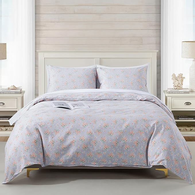 HoneiLife Wildflower Duvet Cover King - 100% Cotton Comforter Cover Sets, 3-PC Floral Duvet Cover Sets, Botanical Bedlinen Set with Zipper Closure & Corner Ties