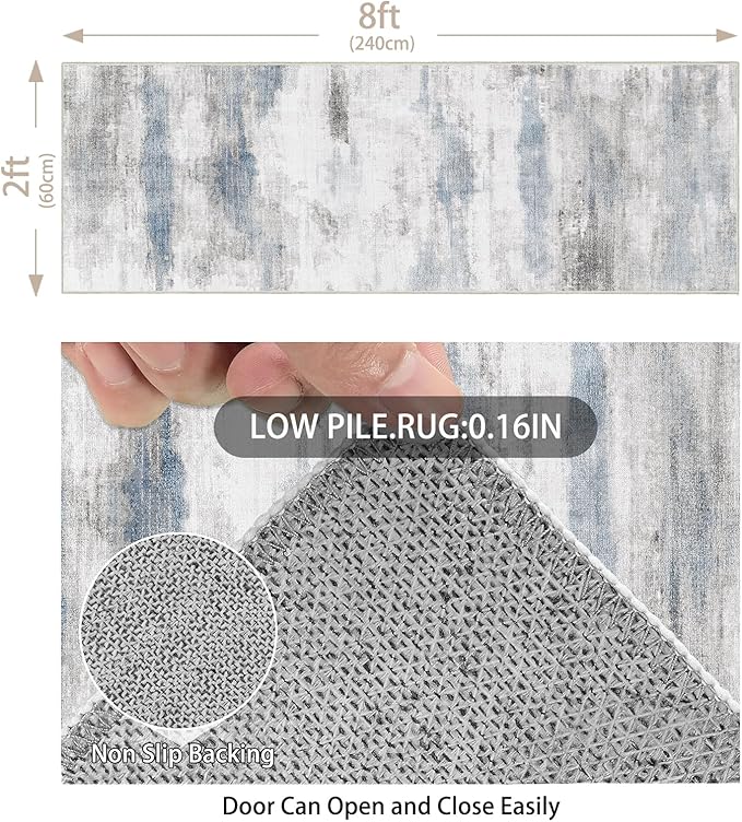 Enkor Runner Rugs for Hallway, 2x8 Washable Soft Non Slip Abstract Rugs for Kitchen, Modern Mat for Entryway Living Room Bedroom Blue & Grey