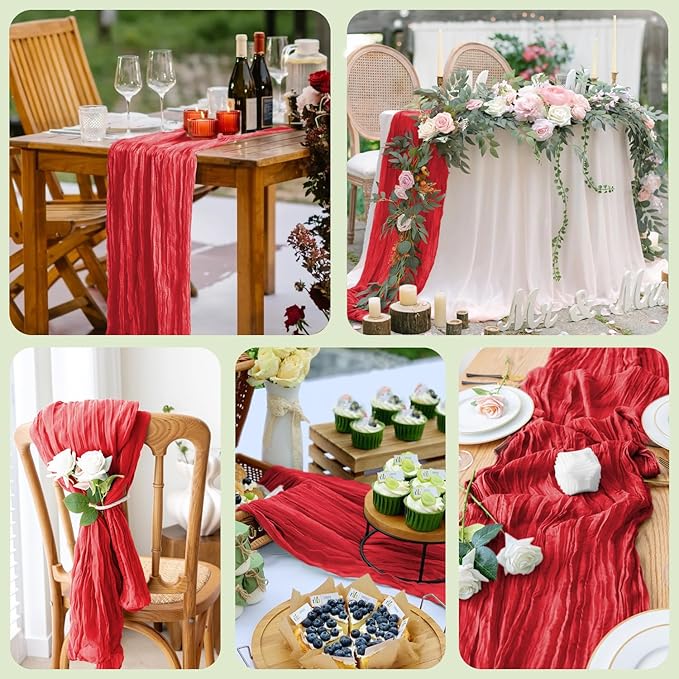 Wokceer Cheesecloth Table Runner 4Pack 10FT Red Christmas Boho Gauze Fall Thanksgiving Cheese Cloth Table Runner for Party Easter Rustic Sheer Table Runners for Baby Bridal Shower Wedding Table