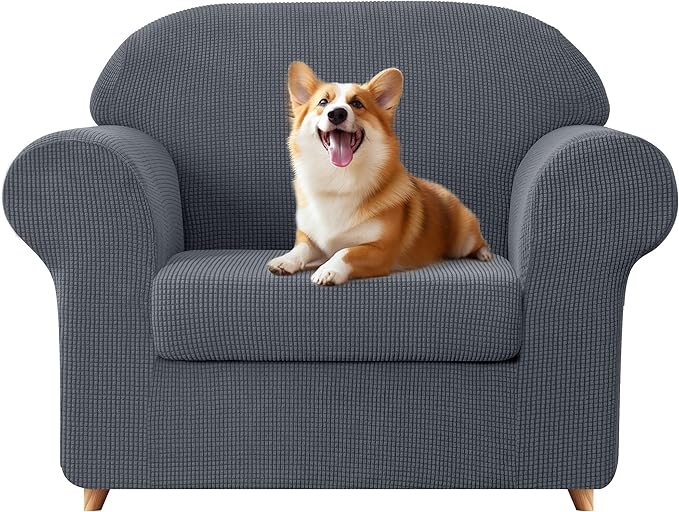 SUBRTEX Sofa Slipcover Stretch Chair Covers 2 Piece 1 Seater Armchair Couch Sofa Cover Washable Furniture Protector with Elastic Bottom for Kids, Pets(Gray, Armchair)