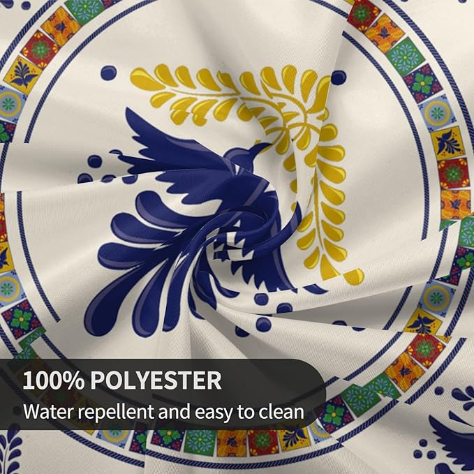 Mexican Round Tablecloth, Floral Bird Talavera Ceramic Tile Dia De Los Muertos Azulejo Mosaic Water Resisitant Table Cover for Dining Kitchen Living Room Home Party Holiday Decor 70 inch Round