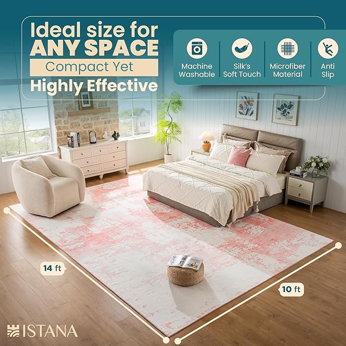 Istana Living Room Rug 10x14 - Pink 10 x 14 Area Rug - Foldable Machine Washable Area Rugs 10x14 - Stylish 10x14 Area Rugs Boho - Stain Resistant Washable Rug 10x14