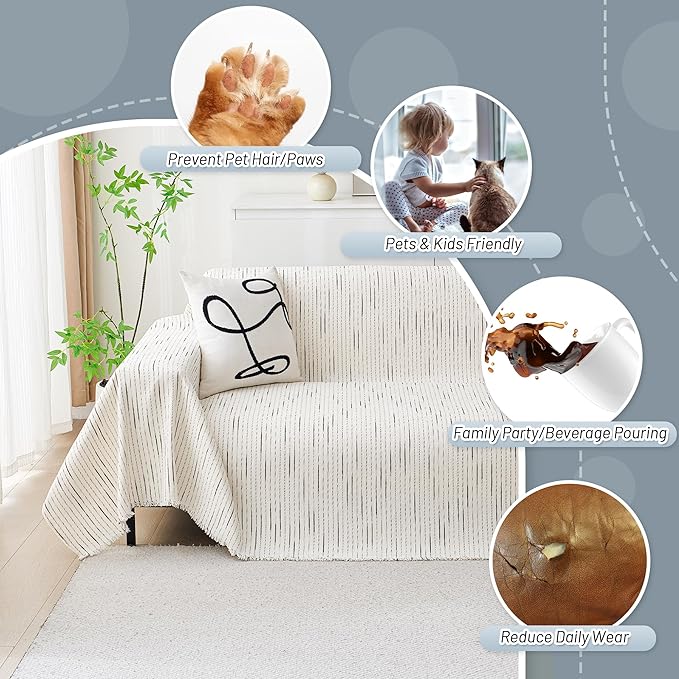 MYSKY HOME Sectional Couch Cover, Beige Lines Sofa Covers for Sectional Sofa L Shape Chenille Couch Protector for Dogs Pets Couch Throw Cover Washable Durable for Home Decor, 71" X118"
