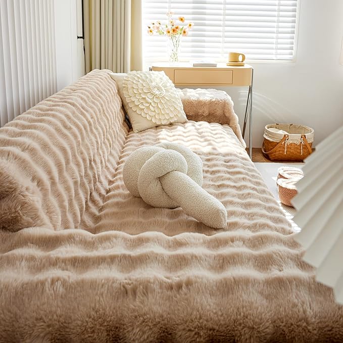 HANDONTIME Plush Sofa Slipcovers Washable Couch Cover for Sofa Super Soft Faux Fur Sofa Covers for 3 Couch Cousion Soild Khaki Rabbit Plush Couch Cushion Covers for Kids Pets, 71" X118"