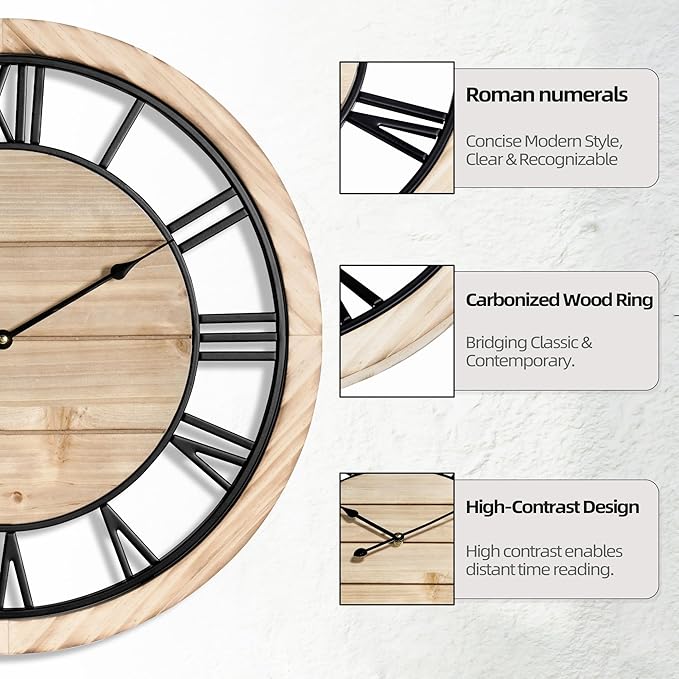LEIKE 20 Inch Large Wall Clock - Rustic Wooden Silent Non-Ticking Wall Clock with Black Metal Frame, Vintage Farmhouse Decorative for Living Room, Bedroom, Kitchen - Roman Numerals, Modern Design