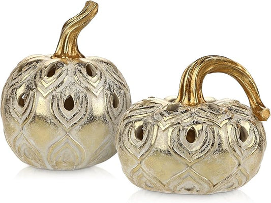 Hollyone Fall Pumpkin Decor 2 PCS Champagne Gold Resin Pumpkins Figurines Fake Pumpkins Faux Pumpkins Rustic Farmhouse Centerpiece for Thanksgiving Harvest Halloween Autumn Fall Decorations for Home