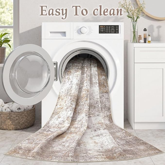 Washable 6X9 Area Rug: Modern Abstract Soft Non-Slip Indoor Rugs Home Decor - Low Pile Stain Resistant Foldable Carpet for Living Room Bedroom Dining Room Playroom(Golden Brown,6'X9')