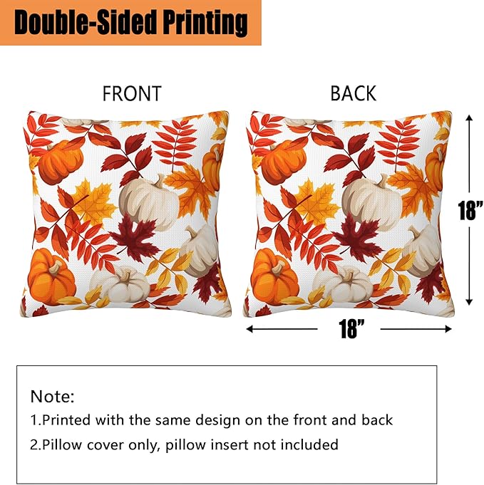 Fall Pillow Covers 18X18 Set of 2, Fall Pumpkins Maple Leaves Decorative Throw Pillow Covers, Autumn Thanksgiving Harvest Pillow Cover Pillowcase Cushion Case for Home Sofa Couch Indoor Outdoor