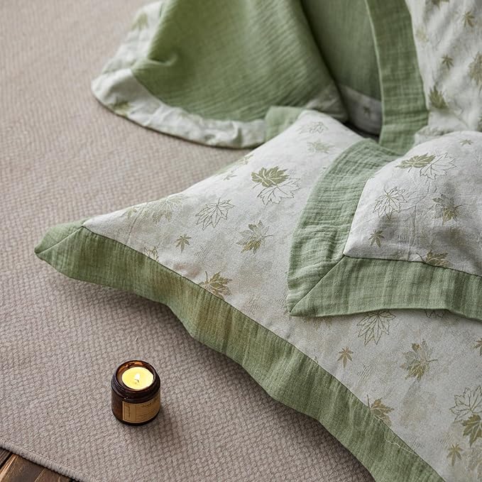 mixinni Yarn-Dyed Jacquard Duvet Cover Queen, Green Botanical Leaf Print 3-Piece Bedding Set with Wide Edge Piping, Soft Breathable Double Layer Gauze for All Seasons (1 Duvet Cover + 2 Pillowcases)