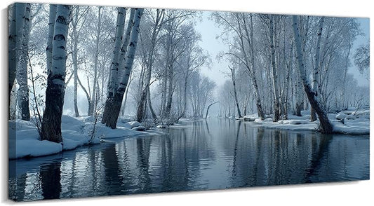GUTTATY Christmas Winter Scene Canvas Wall Art, Snow Forest Canvas Prints, Tranquil Birch Tree Pictures, Serene Blue Wall Decor for Living Room, Bedroom, Holiday Decoration, 60x30 Inch