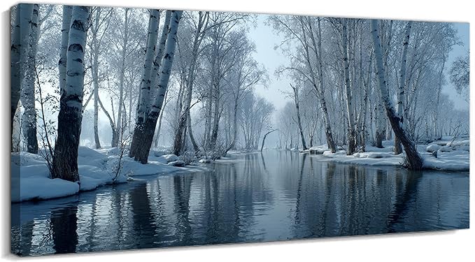 GUTTATY Christmas Winter Scene Canvas Wall Art, Snow Forest Canvas Prints, Tranquil Birch Tree Pictures, Serene Blue Wall Decor for Living Room, Bedroom, Holiday Decoration, 32x16 Inch