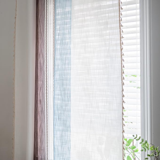 Sutuo Home Boho Curtains 96 inches for Bedroom Living Room, Semi Blackout Linen Farmhouse Tassels Window Treatment Bohemian Embroidery Drape, Rod Pocket 1 Panel 52" W x 96" L, Brown Blue Striped Linen