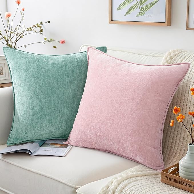 decorUhome Christmas Couch Throw Pillow Covers 18x18 Set of 2, Decorative Soft Euro Velvet Neutral Chenille Pillow Covers with Elegant Design for Sofa Bed Living Room Home Decor, Blush Pink