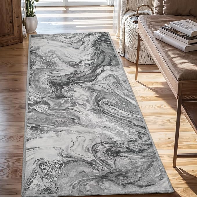 2x6 Runner Rug for Hallways Kitchen Modern Abstract Washable Runner Rug Blue Soft Non Slip Marble Carpet Runner for Laundry Entryway Bedroom Bathroom