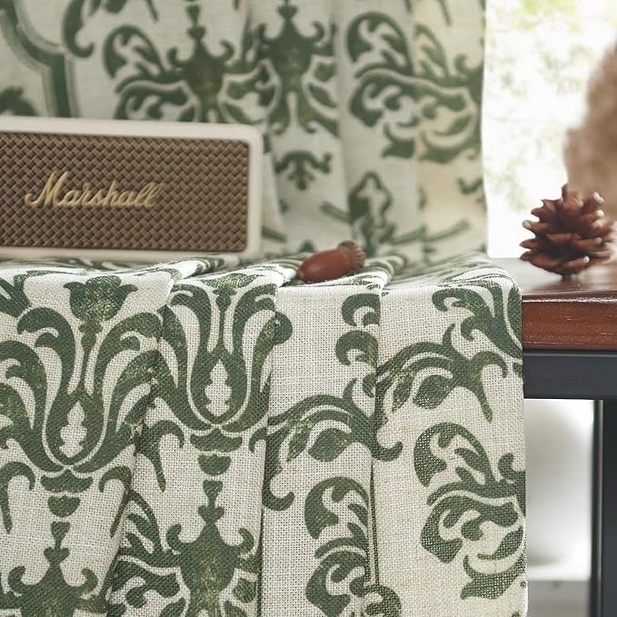 jinchan Linen Curtains for Bedroom Moss Green Damask Patterned Curtains 72 Inches Long for Living Room Light Filtering Vintage Baroque Style Drapes Grommet Window Treatments 2 Panels Set