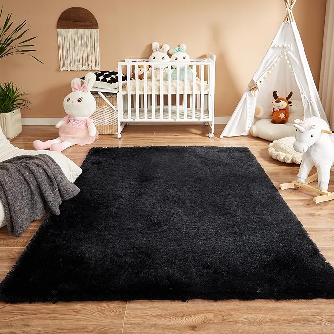 Floralux 4x6 Shag Fluffy Rug for Bedroom, Black, Area Rugs for Bedroom Living Room, Non-Slip Indoor Floor Plush Carpet for Nursery, Kids Baby Boys Teen Dorm Home Decor Aesthetic