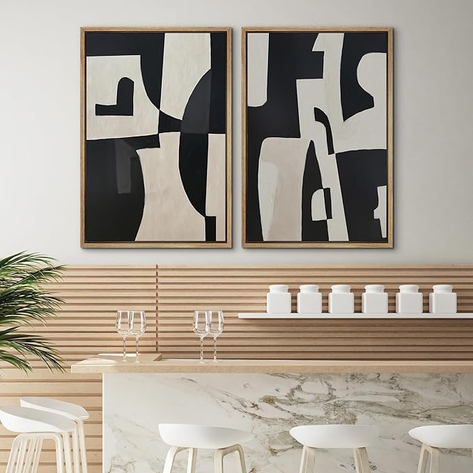 SIGNWIN Framed Canvas Print Wall Art Set Black and Beige Abstract Geometric Modern Bold Minimalist Illustrations Minimal Decorative Zen Bohemian for Living Room, Bedroom, Office - 16"x24"x2 Natural