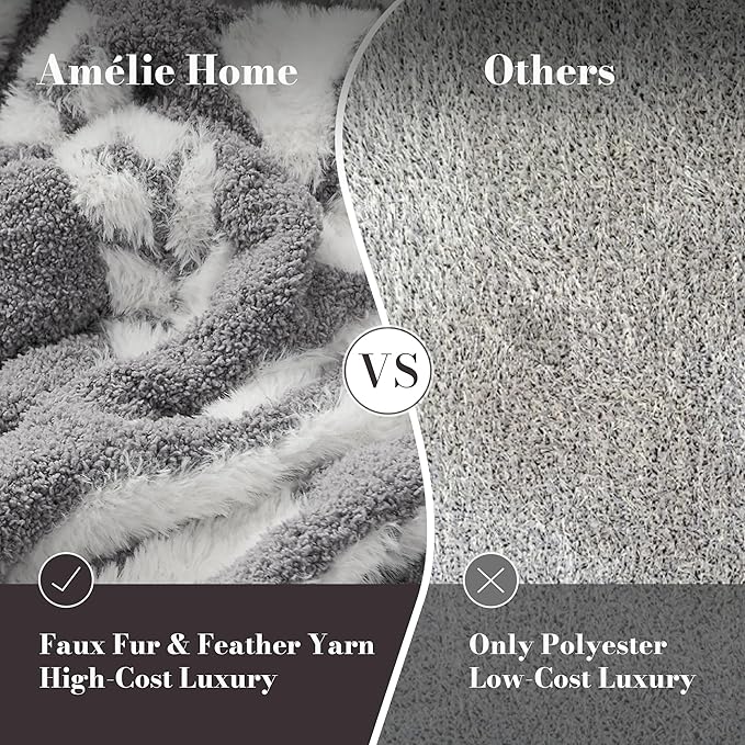 Amélie Home Cable Knit Throw Blanket for Couch, Bicolour Super Soft Fuzzy Blanket for Sofa, Luxury Cozy Fluffy Throw for Room Decor, 50" x 60", Cable Grey & White