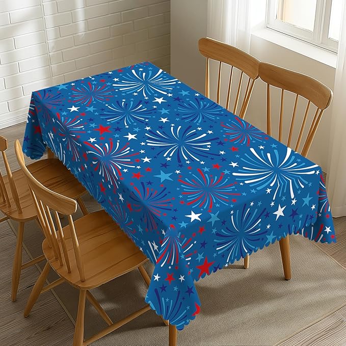 Fireworks Tablecloth 4th of July Fireworks Rectangle Tablecloth Americana Red White and Blue Firework Table Cover 54×72 Inch Washable Table Cloth for Kitchen Dining Room Party