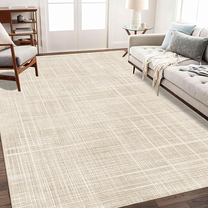Enkor Area Rugs 5x7 Washable Non Slip Abstract Soft Rugs for Living Room Bedroom, Modern Mat for Kitchen Entryway Beige Grid